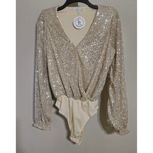 SHE+SKY All Ritz BodySuit Champagne Sequins V Neck Long Sleeve M Christmas NWT